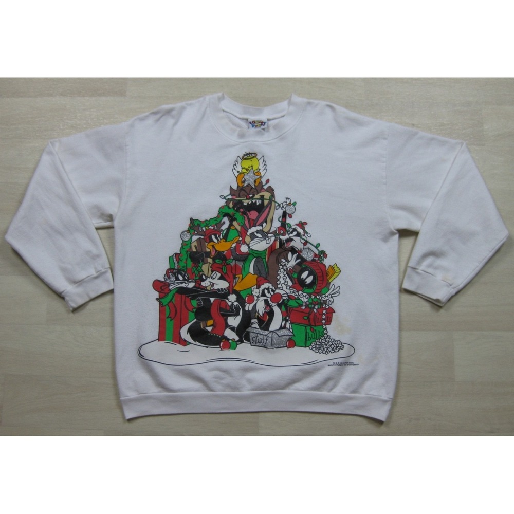 Vintage 90s Looney Tunes Sweatshirt (L) Glitter Christmas Bugs Taz Daffy 1996